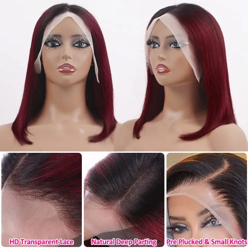 Vista 3 de Flady 1B 99j Peluca Bob de cabello humano 13x4 con encaje frontal HD 150% de densidad 1B, peluca de encaje frontal borgoña de cabello humano