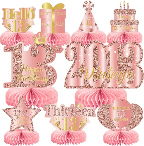 Vista 18 de 9 piezas de decoración de cumpleaños negro dorado 16 centros de mesa de panal para niños y niñas, centros de mesa de feliz cumpleaños 16 Oro negro 16