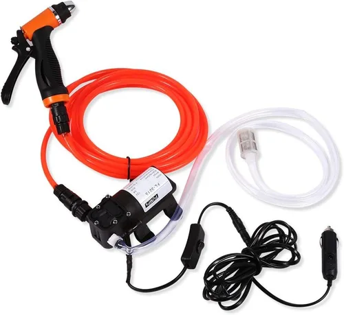 Vista 3 de Bomba eléctrica de lavado a presión, 80 W, 130 PSI, 12 V, portátil, de alta presión, potente kit de lavado de coche con manguera para el hogar