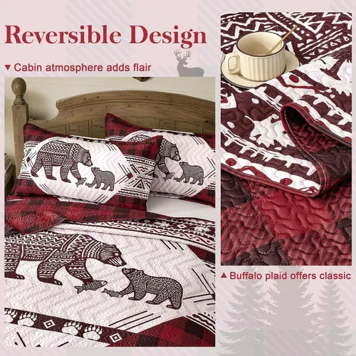 Vista 5 de Juego de 3 piezas de colcha tamaño King para cabaña, reversible, navideño, rústico, de microfibra, suave, ligera, de granja, con 2 fundas de 2-Oso