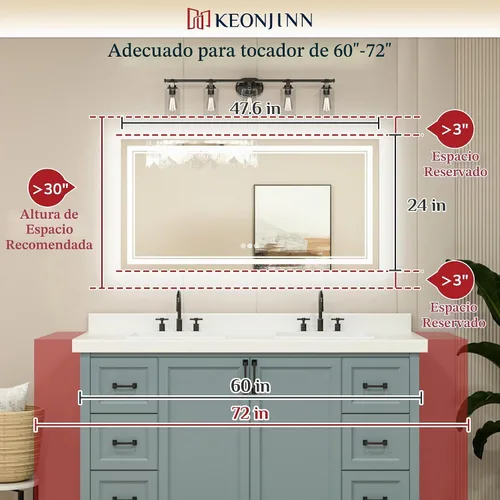 Vista 7 de Keonjinn Espejo de baño LED de 48 x 24 pulgadas con luz frontal