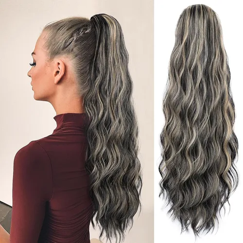 Vista 22 de FREEMEIGE Extensión de Cola de Caballo de 22 Pulgadas Negro Mezclado con Burdeos Larga Ondulada con Cordón Extensión de Cola de Caballo para Mujeres