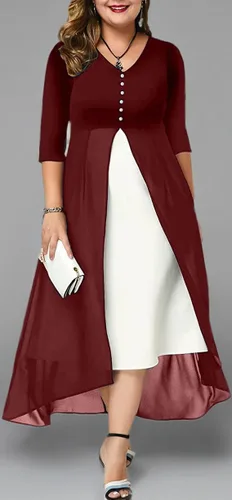 Vista 2 de Vestido midi con cuello en V y manga 34 para mujer, talla grande, elegante, con panel de gasa en contraste