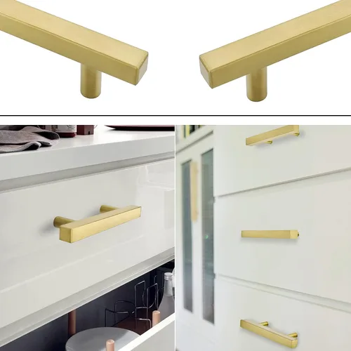 Vista 4 de Goldenwarm LS1212GD - Manijas para gabinetes y cajones de cocina, barra cuadrada en T, dorado, latón cepillado, 20 unidades, acero inoxidable