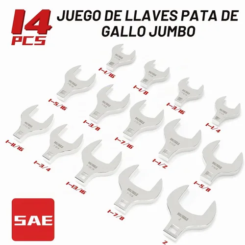 Vista 5 de BULLTOOLS Juego de llaves Jumbo Crowfoot de 1/2 pulgada, 14 piezas SAE, juego de llaves de pata recta de 1-1/16" a 2", llave grande de pata recta
