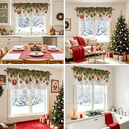 Vista 6 de Christmas Valances for Windows Kitchen Curtains Christmas Balls Bell Window Valance, Gold Star Snowflake Pine Needle Short Topper Window Curtain