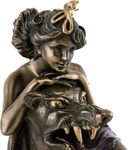 Vista 5 de Top Collection French New Art Nouveau - Estatua de dama y bestia, pintada a mano, escultura coleccionable de hermosa dama en bronce fundido en frío