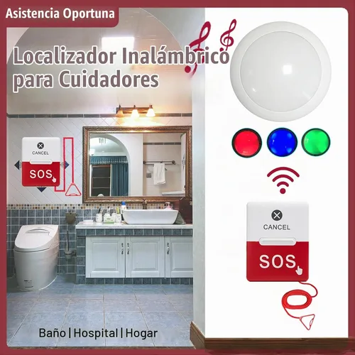 Vista 2 de Botón inalámbrico de llamada de emergencia para ancianos, alarma de cable de extracción de baño con luz estroboscópica, 1 receptor de atención