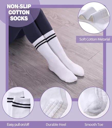 Vista 6 de LANLEO Calcetines de pilates con empuñaduras para mujer, calcetines antideslizantes para yoga, baile, atletismo, entrenamiento, hospital, calcetines