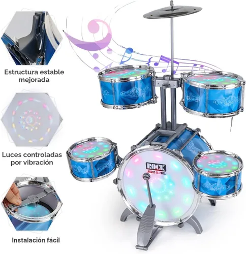 Vista 4 de Juego de batería para niños pequeños con kit de batería de 5 jazz y luces (controlado por vibración) y aleación, instrumentos musicales, juguetes