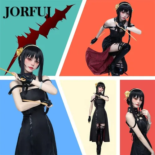 Vista 6 de colarm Yor Forger Cosplay Costume SPY X Family Role-playing Female Killer Gothic Girl Black Dress Uniform with Stockings Set