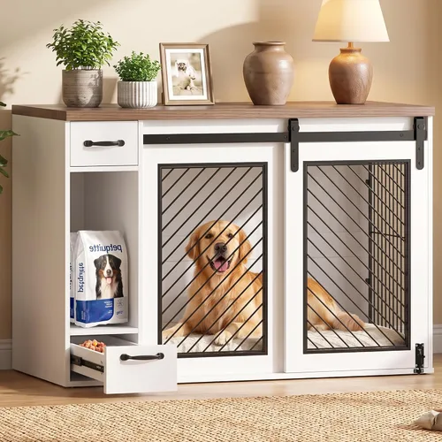 Vista 9 de Mueble de jaula para perros extra grandes, puerta corredera de 85 pulgadas, doble perrera para 2 perros grandes divididos, muebles de madera