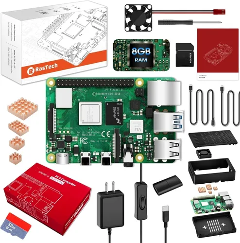 Vista 7 de RasTech Raspberry Pi 4 Kit de inicio de 4GB con placa Pi 4 de 4GB, tarjeta de 32GB, 4 disipadores de calor de cobre, 2 cables de salida HD, fuente