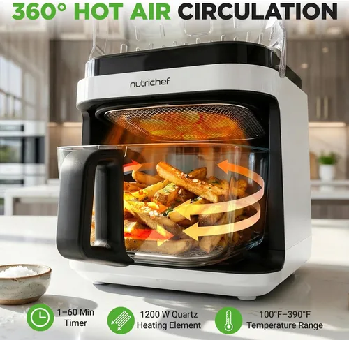 Vista 5 de NutriChef Freidora de aire de 5.8 cuartos de galón, freidora de aire de vidrio con preajustes digitales 8 en 1, diseño de freidora de acero Blanco