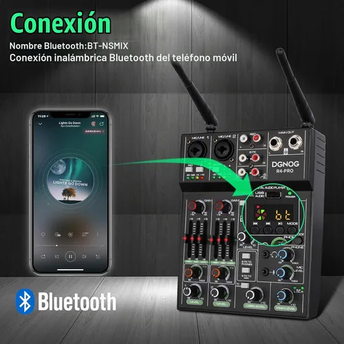 Vista 8 de Mezclador de audio profesional, consola de mezcla de 4 canales con micrófono inalámbrico dual, consola de placa de sonido MP3, Bluetooth, interfaz