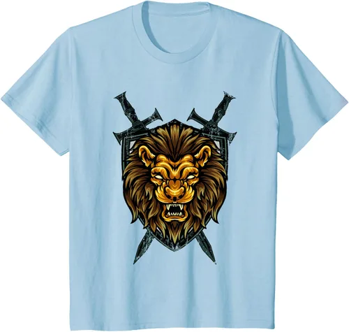 Vista 9 de Camiseta con diseño de caballero medieval renacentista, con diseño de espada de león, Negro, S