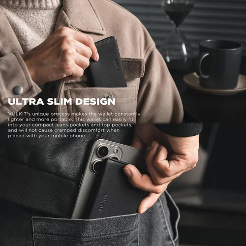 Vista 2 de VULKIT Portafolios de cuero con bloqueo RFID delgado minimalista con cierre magnético tarjetero de tarjetas de crédito con bolsillo frontal, Negro