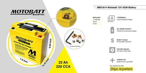 Vista 5 de MotoBatt DB Electrical MB51814 batería para Motobatt 22Ah, Bmw K1600gt, GTL 1600cc 11-14, K1300gt 1300cc 09-11, R75/5 750cc 70-73, R1100rs, Rt