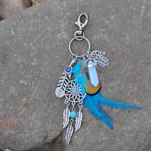 Vista 6 de Llavero de atrapasueños de moda con adorno bohemio de plumas, Azul