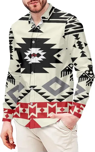 Vista 19 de Camisa azteca con botones para hombre, patrón nativo americano, camisas de manga larga con cuello en V y nación tribal