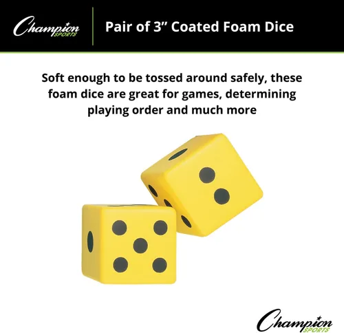 Vista 3 de Champion Sports Coated Foam Dice - Soft, Safe & Durable, Ideal for Math, Counting & Games, High-Visibility Yellow with Black Pips - 3 or 6 Inch Pairs