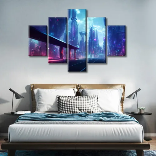 Vista 123 de Cuadros de 5 paneles de Cyberpunk City, arte de pared, representación de vallas publicitarias, edificios modernos en la capital con obras de arte