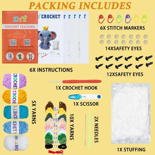 Vista 5 de Kit de 6 piezas de ganchillo para principiantes, kit de punto con videos paso a paso, hilo, gancho de ganchillo, kit de tejido para principiantes