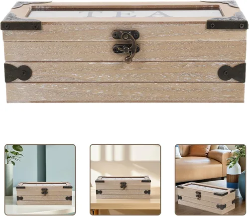 Vista 9 de Wood Tea Bag Storage Chest with Lid, 3 Compartments Organizer Box