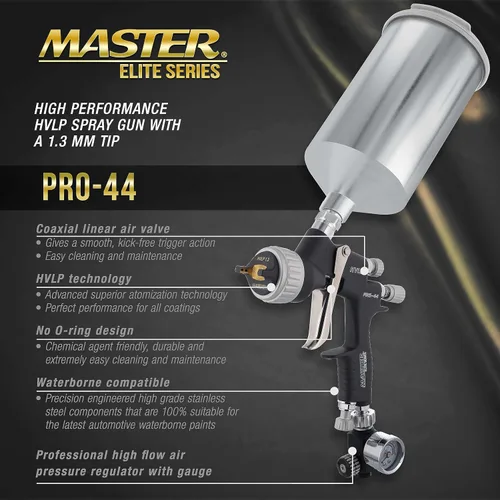 Vista 2 de Master Pro 44 Series - Pistola de pulverización HVLP de alto rendimiento con punta de 0.051 pulgadas con regulador de presión de aire, ideal