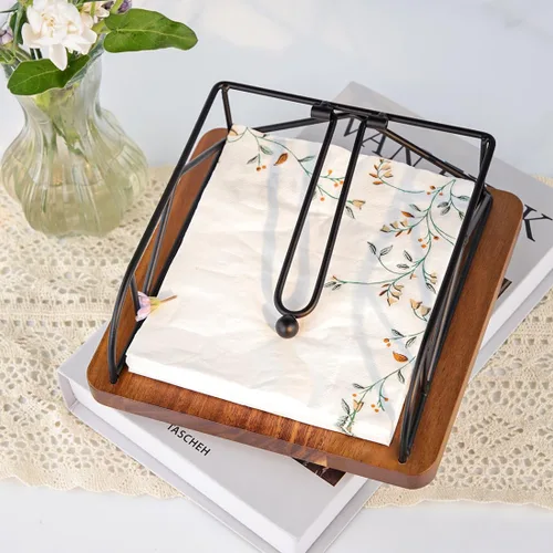 Vista 5 de Servilletero para mesa, madera de acacia y metal, giratorio de 360°, rústico, cuadrado, para servilletas de papel, decoración de mesa de comedor