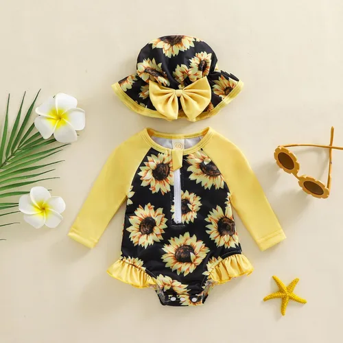 Vista 9 de Traje de baño de una pieza con cremallera de manga larga para bebé niña con gorro