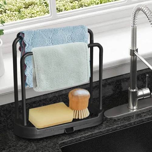 Vista 3 de Bandeja Organizadora de Fregadero de Cocina, Soporte Organizador para Esponja, Paño de Platos, Trapo, Cepillo, Almacenamiento y Organización de Negro