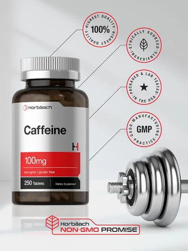 Vista 6 de Horbäach Píldoras de cafeína de 100 mg 250 tabletas Fórmula vegetariana Suplemento sin OMG, sin gluten
