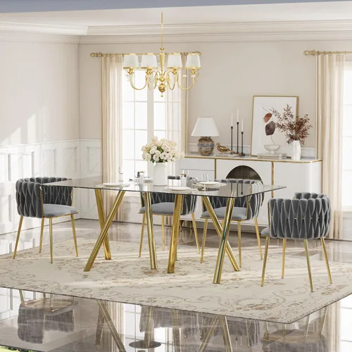 Vista 14 de Glam Style - Juego de mesa de comedor de 5 piezas para 4, mesa de comedor rectangular de vidrio templado de 51 pulgadas con base de metal dorado