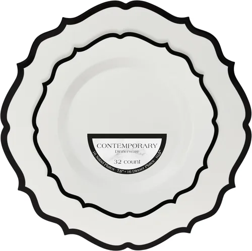 Vista 12 de PLASTICPRO Juego de 32 elegantes platos desechables de plástico que incluye 16 platos llanos y 16 platos de ensalada, platos de fiesta resistentes
