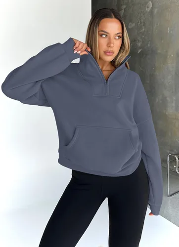 Vista 5 de Trendy Queen - Sudaderas con medio cierrey capucha de gran tamaño, comoda, extragrande, para otoño, Y2K, ropa de invierno, 2024