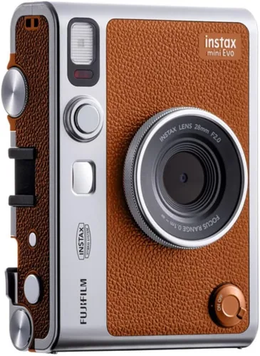 Vista 2 de FUJIFILM INSTAX MINI EVO Cámara instantánea híbrida Paquete marrón con película Instax Mini 20 exposiciones + tarjeta micro SD de 64 GB + mini