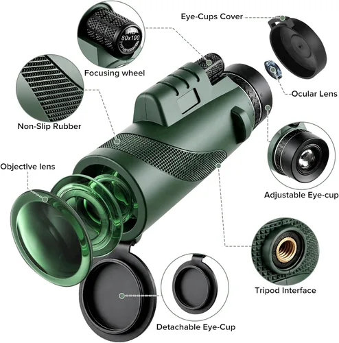 Vista 10 de Telescopio monocular 80X100 para adultos, con trípode y soporte