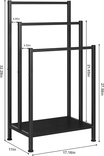 Vista 8 de Toallero independiente, toallero de metal de 3 niveles, soporte para manta para dormitorio, soporte de toalla de baño negro, soporte para toallas