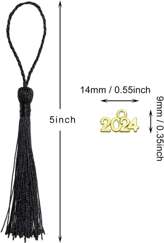 Vista 2 de Tupalizy 30 mini borlas sedosas hechas a mano con 60 dijes del año 2024 para graduación, llavero, aretes, joyería, regalos de boda, recuerdos