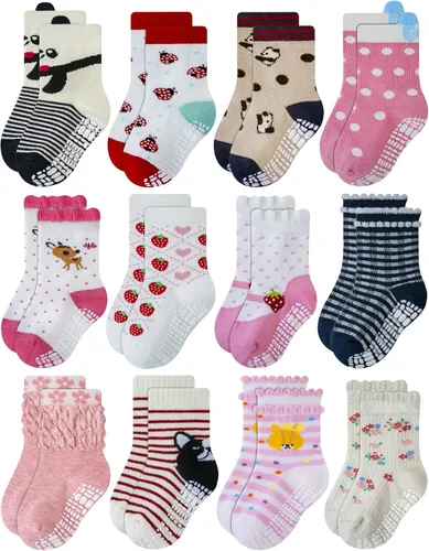 Vista 9 de RATIVE Calcetines de algodón antideslizantes antideslizantes con puños para bebés, niños y niñas