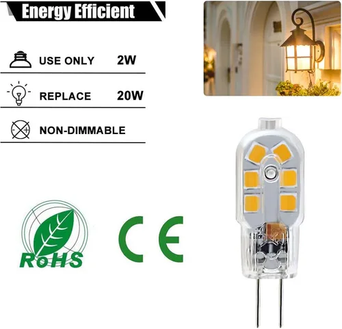 Vista 5 de Bombilla LED G4, reemplazo de bombilla halógena de 20 W, base de dos pines G4 de 2 W, AC/DC 12 voltios blanco cálido 3000 K, no regulable, paquete