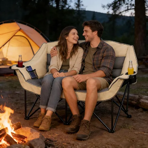 Vista 2 de Silla de campamento plegable doble totalmente acolchada, sofá de campamento de gran tamaño para 2 personas, sofá con soporte para tazas, soporte