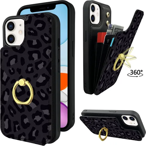 Vista 15 de Funda compatible con iPhone 11 con tarjetero y soporte para tarjetas, soporte de anillo de dedo de rotación de 360º, función atril, protección RFID