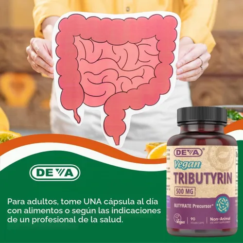 Vista 4 de DEVA Suplemento vegano de tributirina, precursor de butirato, soporte de barrera intestinal, ácido butírico, cápsulas veganas de 500 mg, soporte