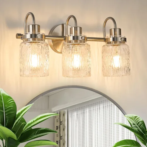Vista 10 de 2 luces de tocador de baño, lámparas de baño de níquel cepillado con pantalla de vidrio martillado para tocador, sobre espejo, pasillo