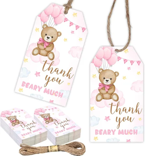 Vista 8 de Etiquetas de agradecimiento de oso, 50 etiquetas de regalo azules con cuerda para baby shower, etiquetas de regalo de agradecimiento para celebrar