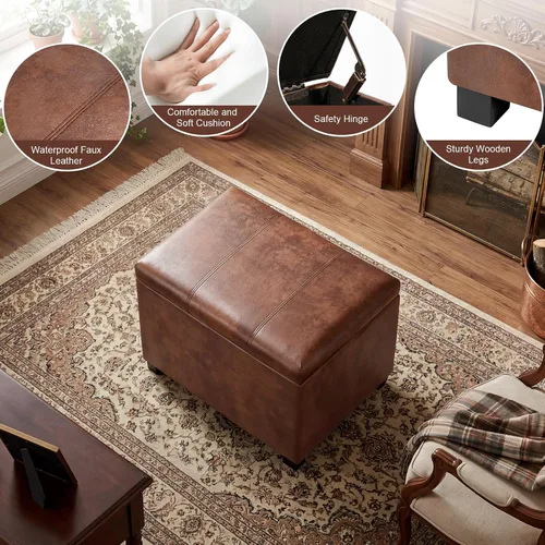 Vista 5 de Joveco Banco Otomán de Almacenamiento de Cuero de 24", Taburete de Reposapiés Rectangular para Sala de Estar, Dormitorio, Entrada, Mesa de Café