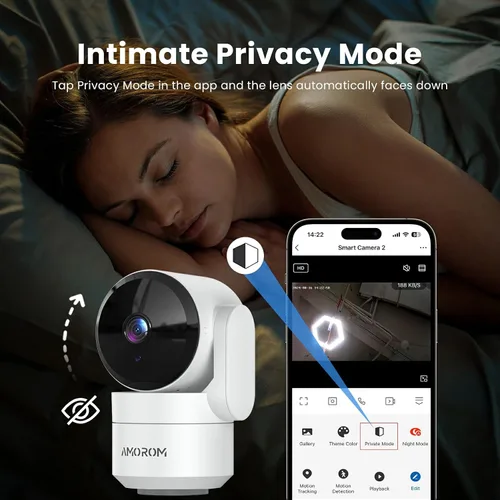 Vista 6 de AMOROM Cámara de seguridad para interiores 360° con panorámica/inclinación, monitor para mascotas, perros y bebés, visión nocturna HD 1080P