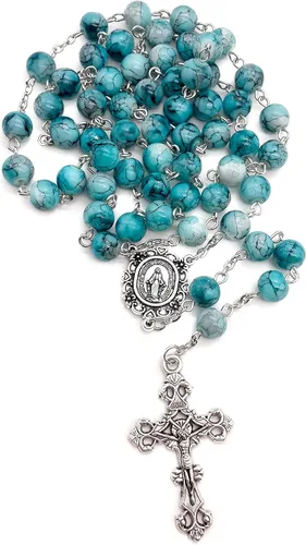 Vista 4 de Nazareth Store Rosario de cristal cristalizado turquesa con cuentas de rosario católico con medalla milagrosa y cruz de acero inoxidable Vidrio No